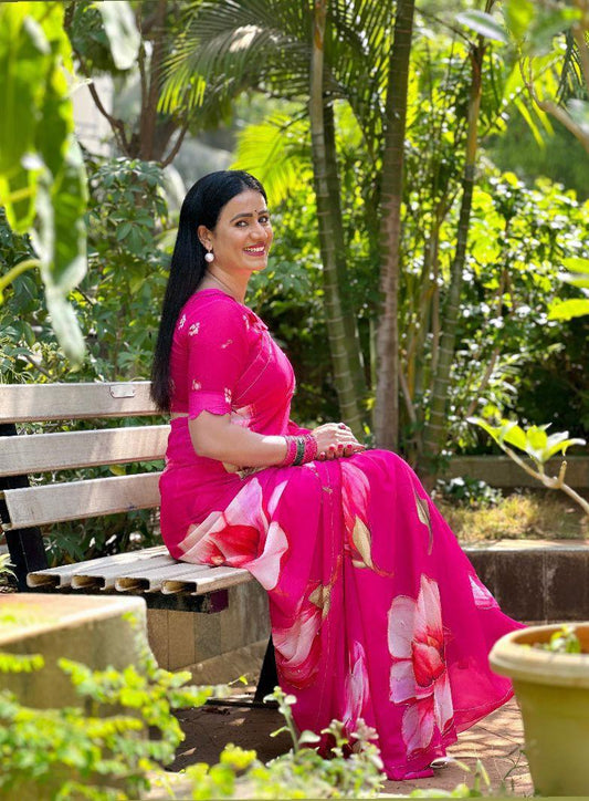 Georgette Saree with Hand work In Pink Color