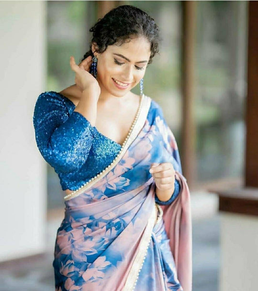 Satin Saree in Digital Print in Blue Color