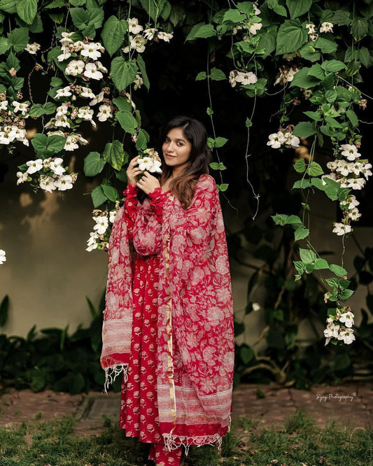 Cotton Suit decorated with hand print In Red Color