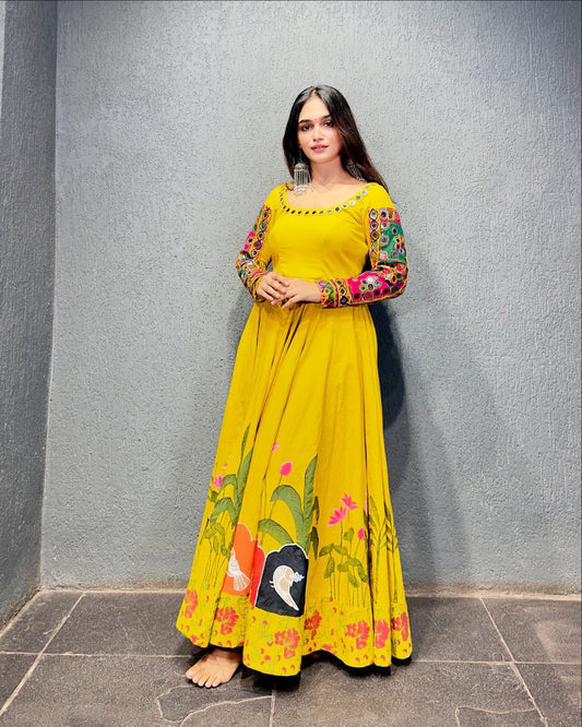 Rayon Digital Print Anarkali In Yellow Color