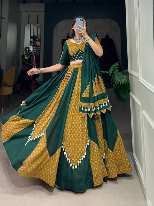 Step into the Festive Season with a Mustard &amp; Green Cotton Chaniya Choli: Plain with Printed Kali and Beautiful Cowrie (Kodi) Work – Embrace the Joy and Elegance of Navratri!