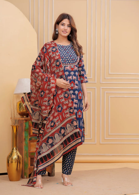 Printed cotton 3 Pcs Suit in Blue Color