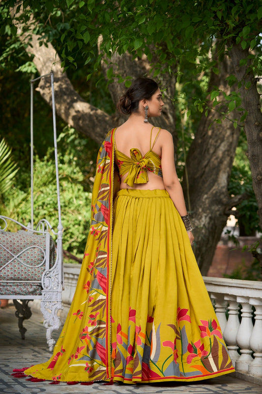 Polyester Viscose Chanderi  Women's 3PC  Lehenga Choli Solid Yellow