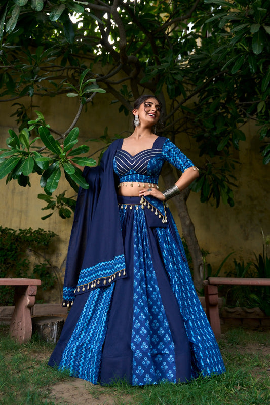 Pure cotton Chaniya choli Blue, adorned with cowrie shells