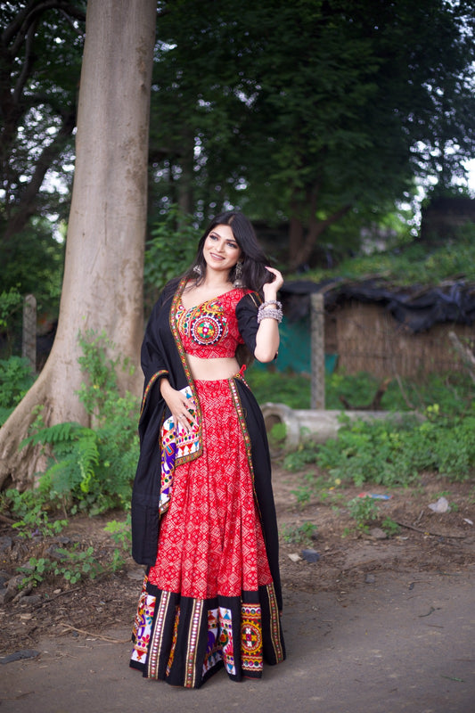 Pure Cotton ethnic print with mirror work Chaniya Choli in Red Color