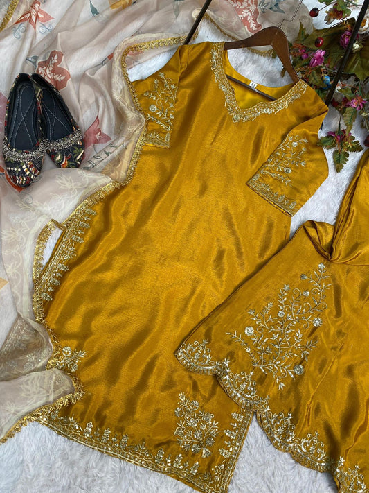 Chinnon Suit Paired with Organza Dupatta in Sunshine Yellow