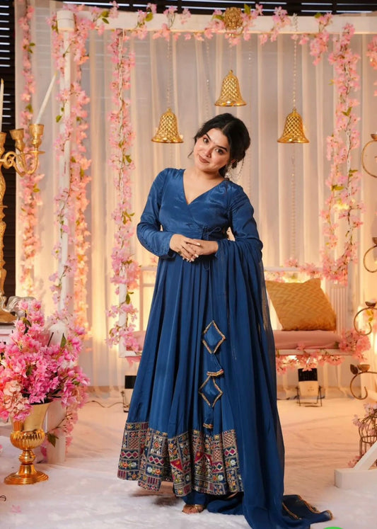 Foux Georgette Anarkali Suit 3PC in Teal Blue Color