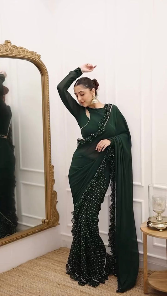 Faux Georgette Ready to Wear Ruffle Saree in Bottle Green Color