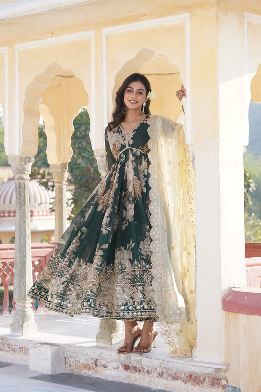 Digital printed Russian silk With Embroidery Zari Sequins-work Long Gown 2Pc In Bottle Green