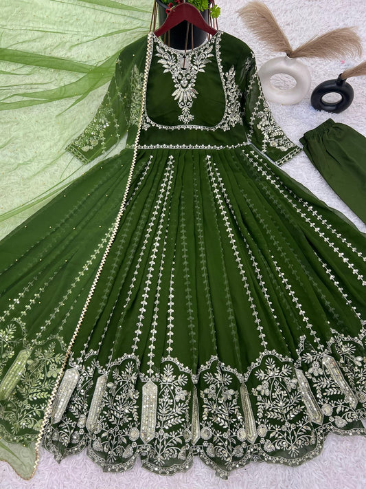 Faux Georgette With Full Heavy Embroidery Sequence Work in Solid Green Color