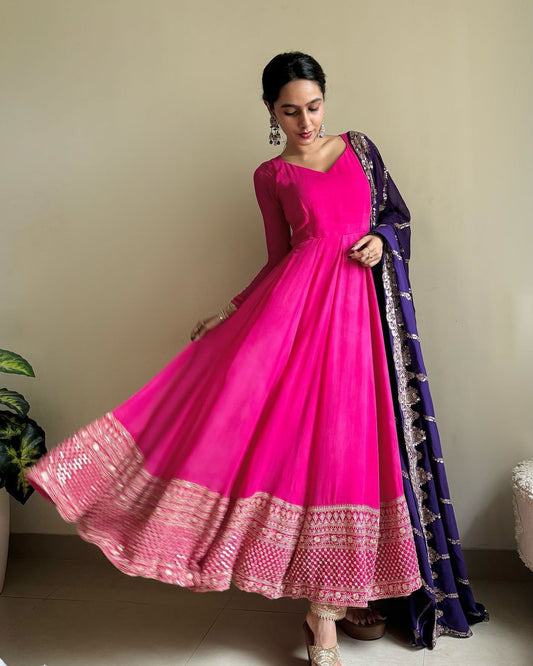 Foux Georgette 3Pc Anarkali Suit in  Bold Pink color paired with  Navy Blue Dupatta