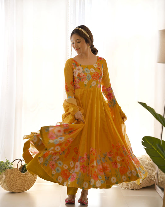 Pure Soft Organza silk print Anarkali 3Pc in Sun yellow Color