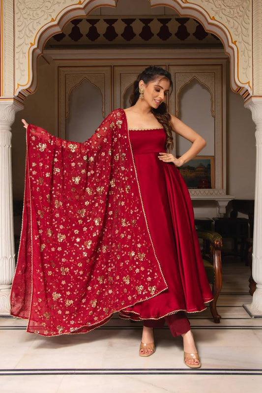 Georgette Anarkali Suit In Red Color